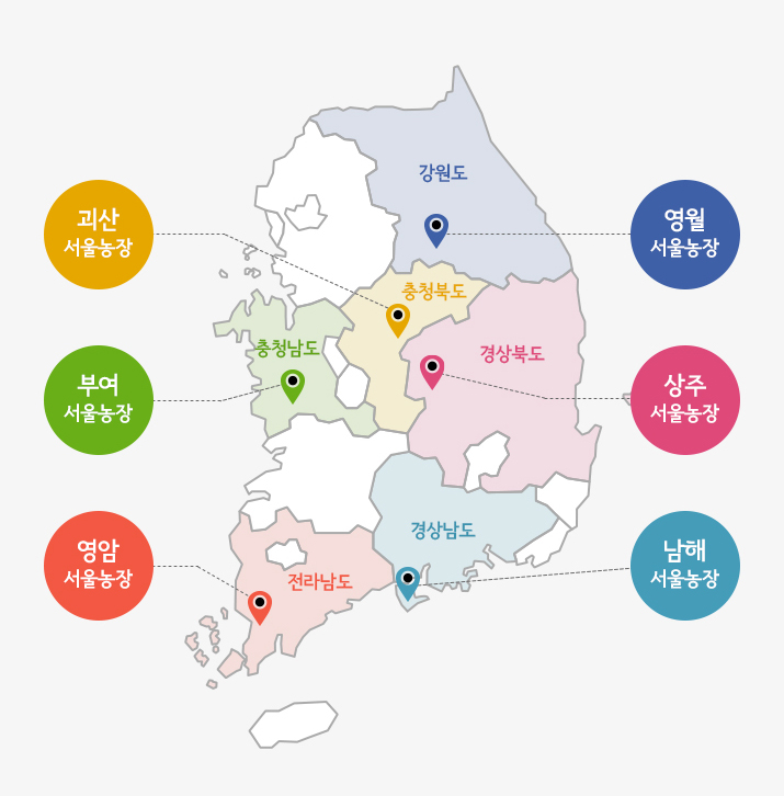 상주, 괴산,영암, 영월, 부여, 남해 서울농장이 표시된 지도